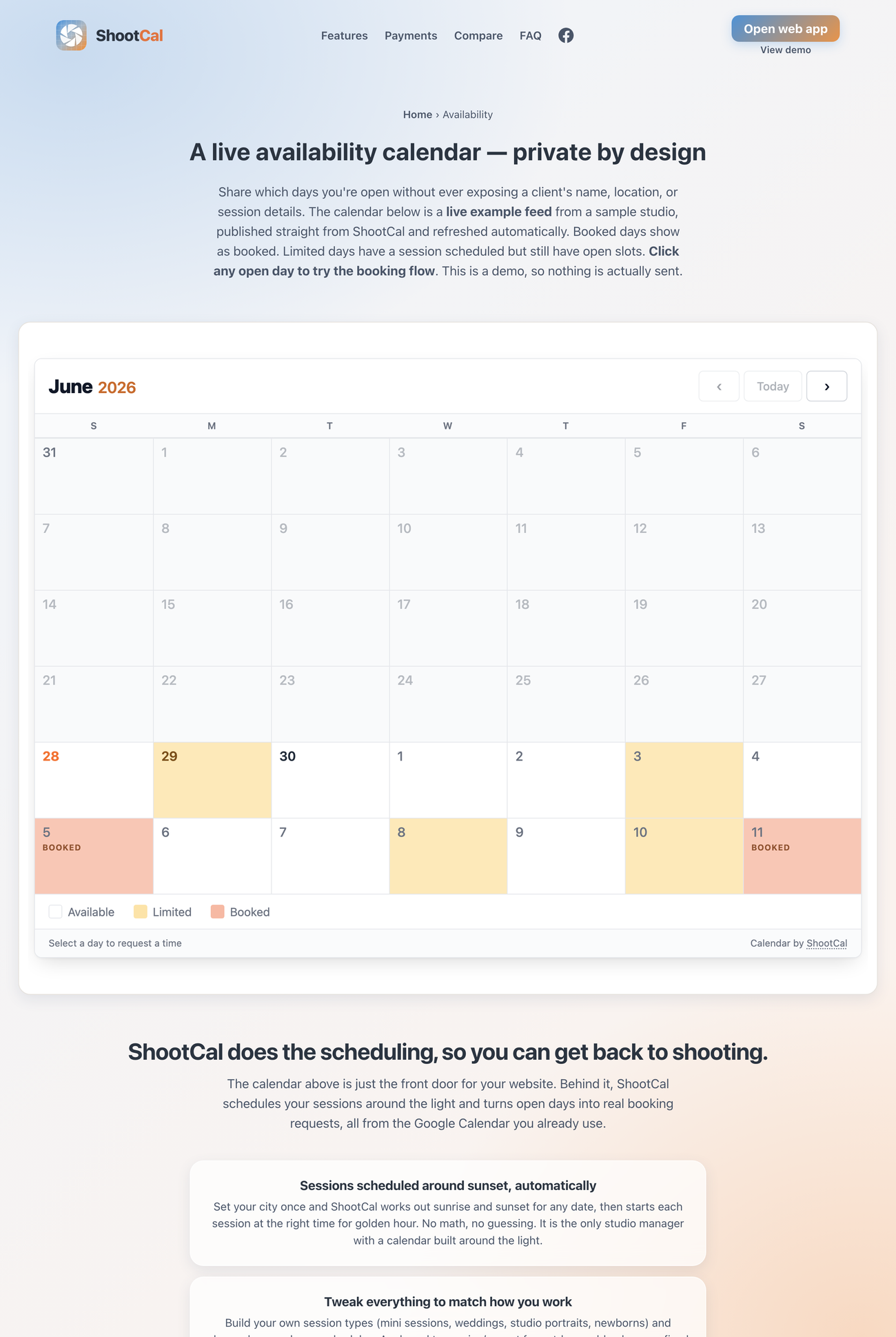 ShootCal public availability calendar showing Booked, Limited, and Available days