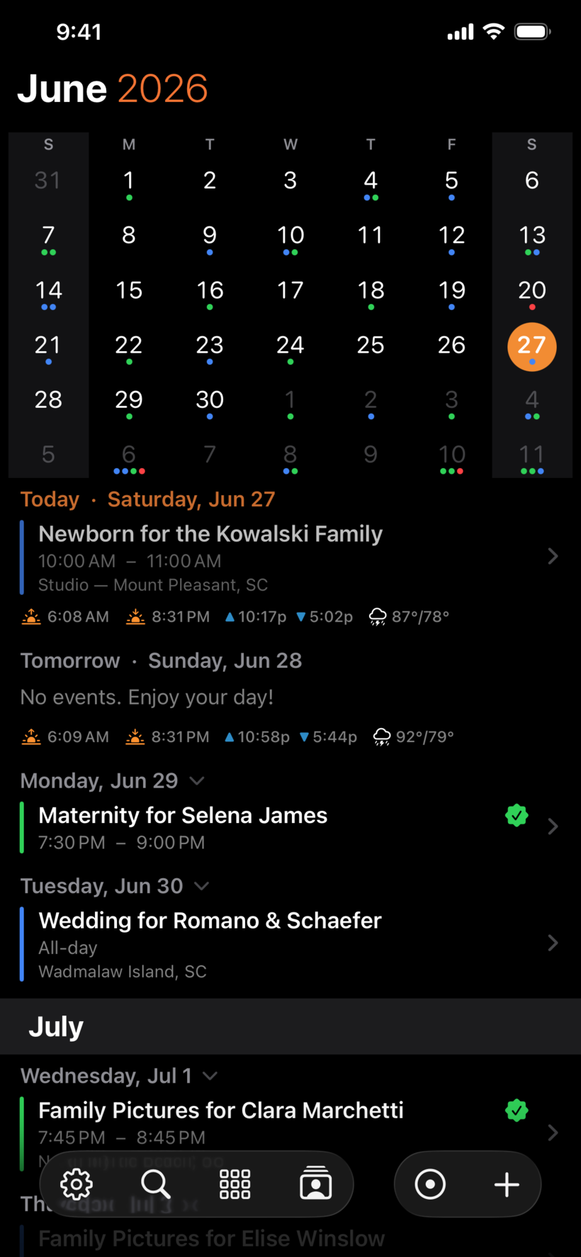 ShootCal agenda on iPhone in dark mode showing upcoming sessions