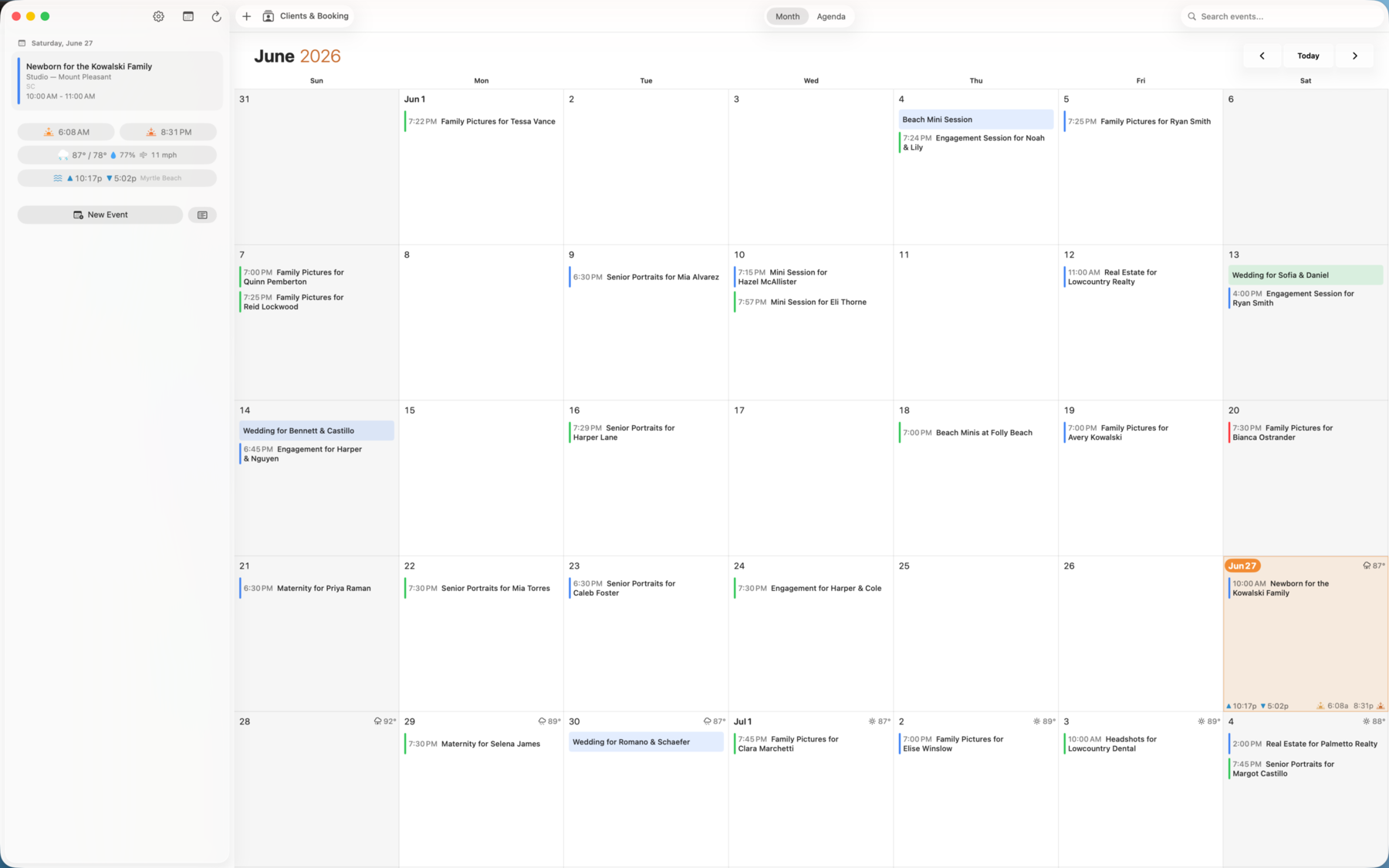 ShootCal month calendar on macOS showing photography sessions with sun times