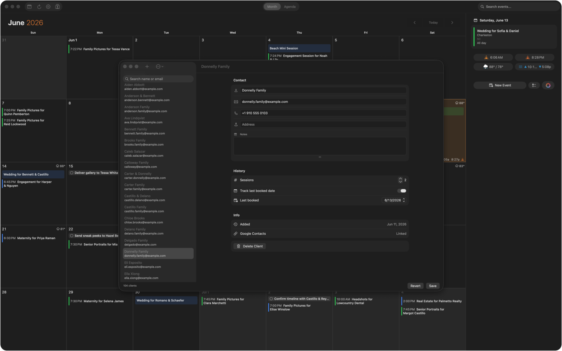 ShootCal client manager in dark mode showing contacts and session history