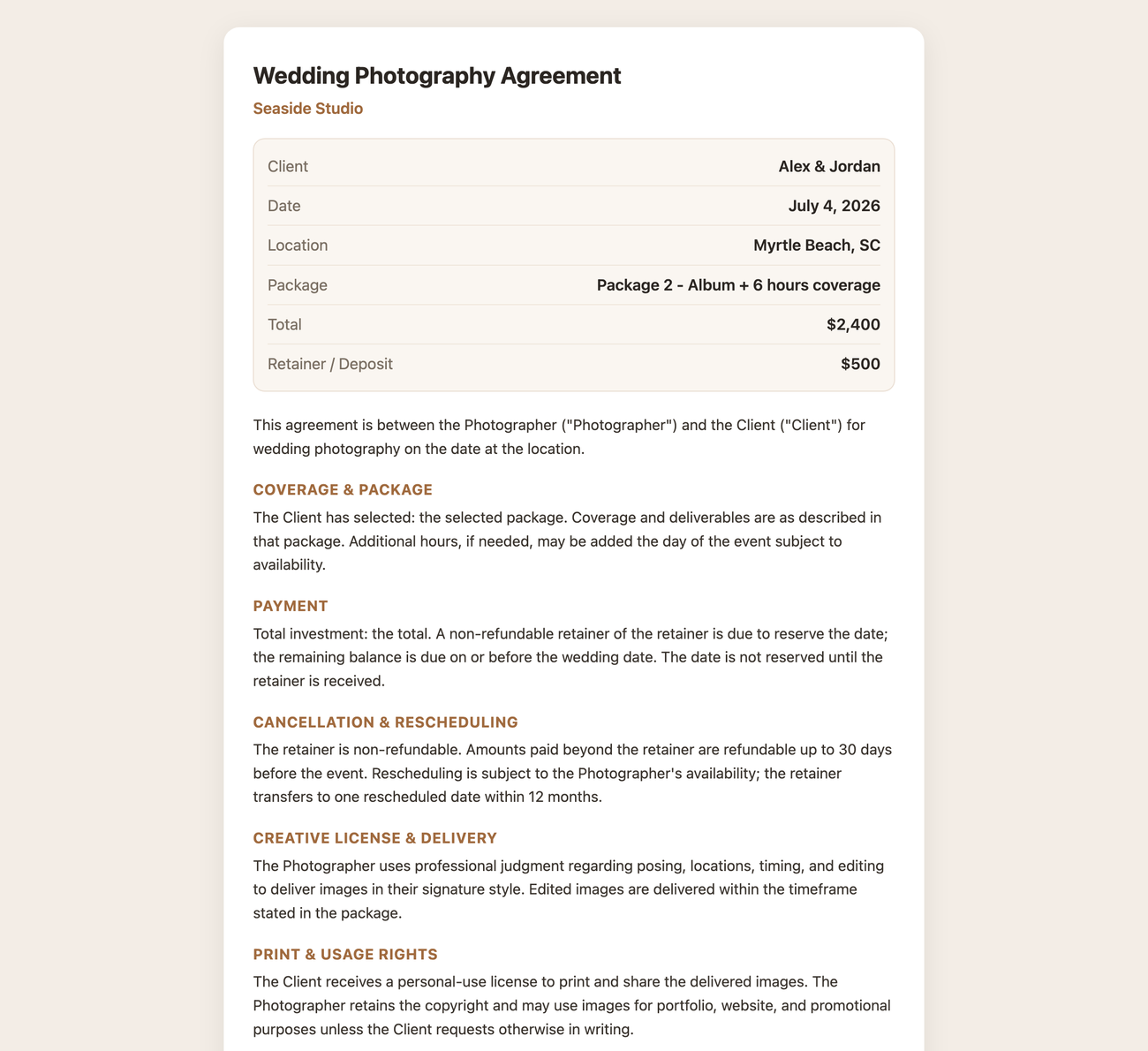 A signed photography contract in ShootCal with package, total, and retainer filled in