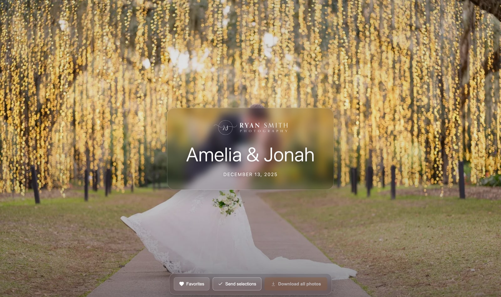 A ShootCal client gallery: a branded cover of a couple beneath golden hanging string lights, with the centered glass title card