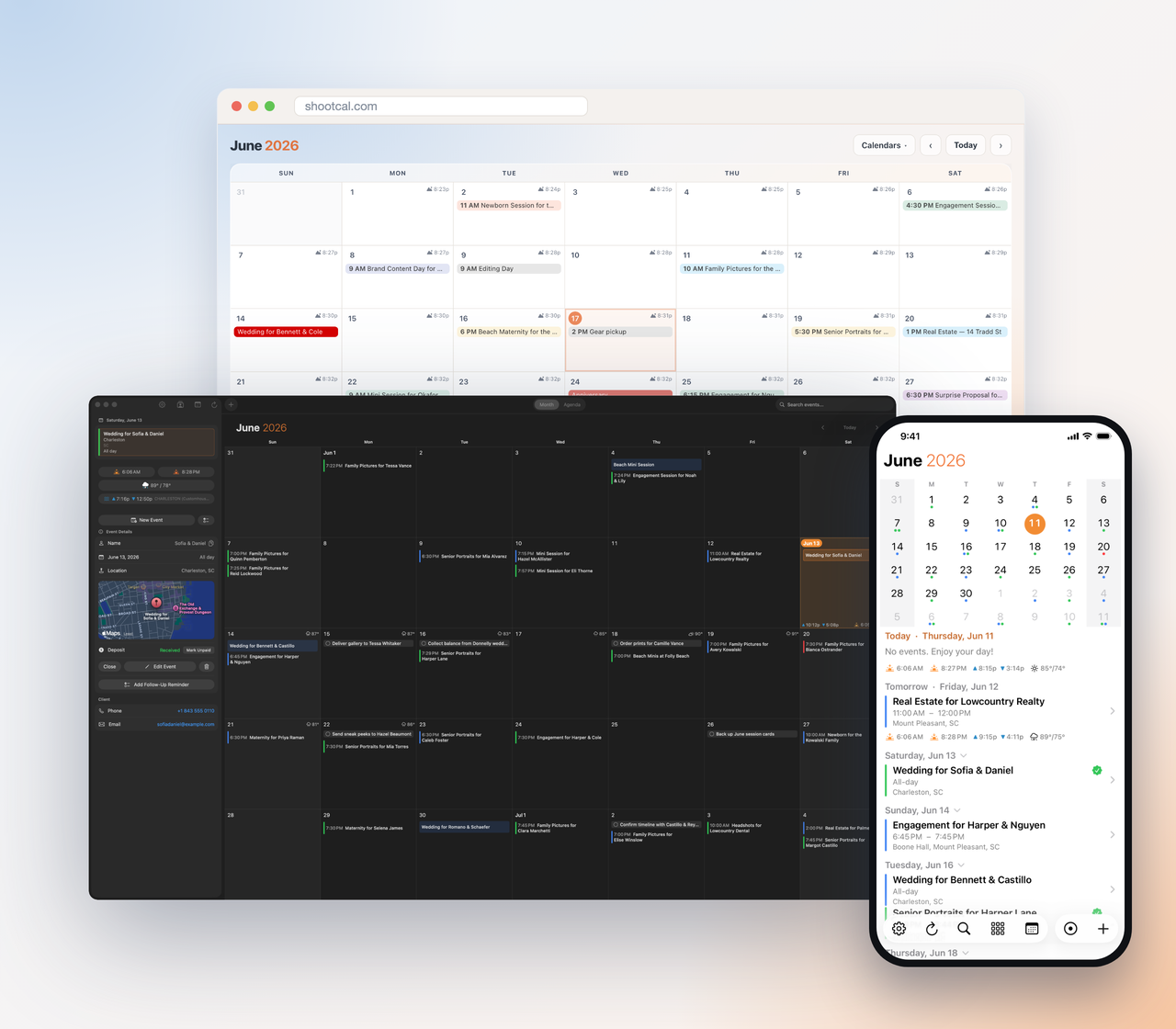 ShootCal shown on Mac, the web, and iPhone, with a month of photography sessions