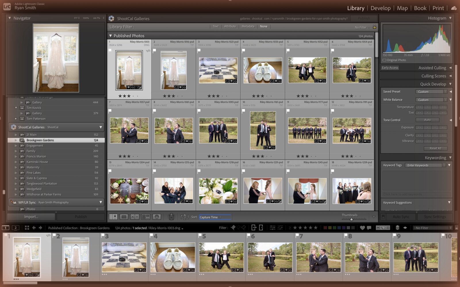 The ShootCal Galleries publish plugin inside Adobe Lightroom Classic, with published wedding collections