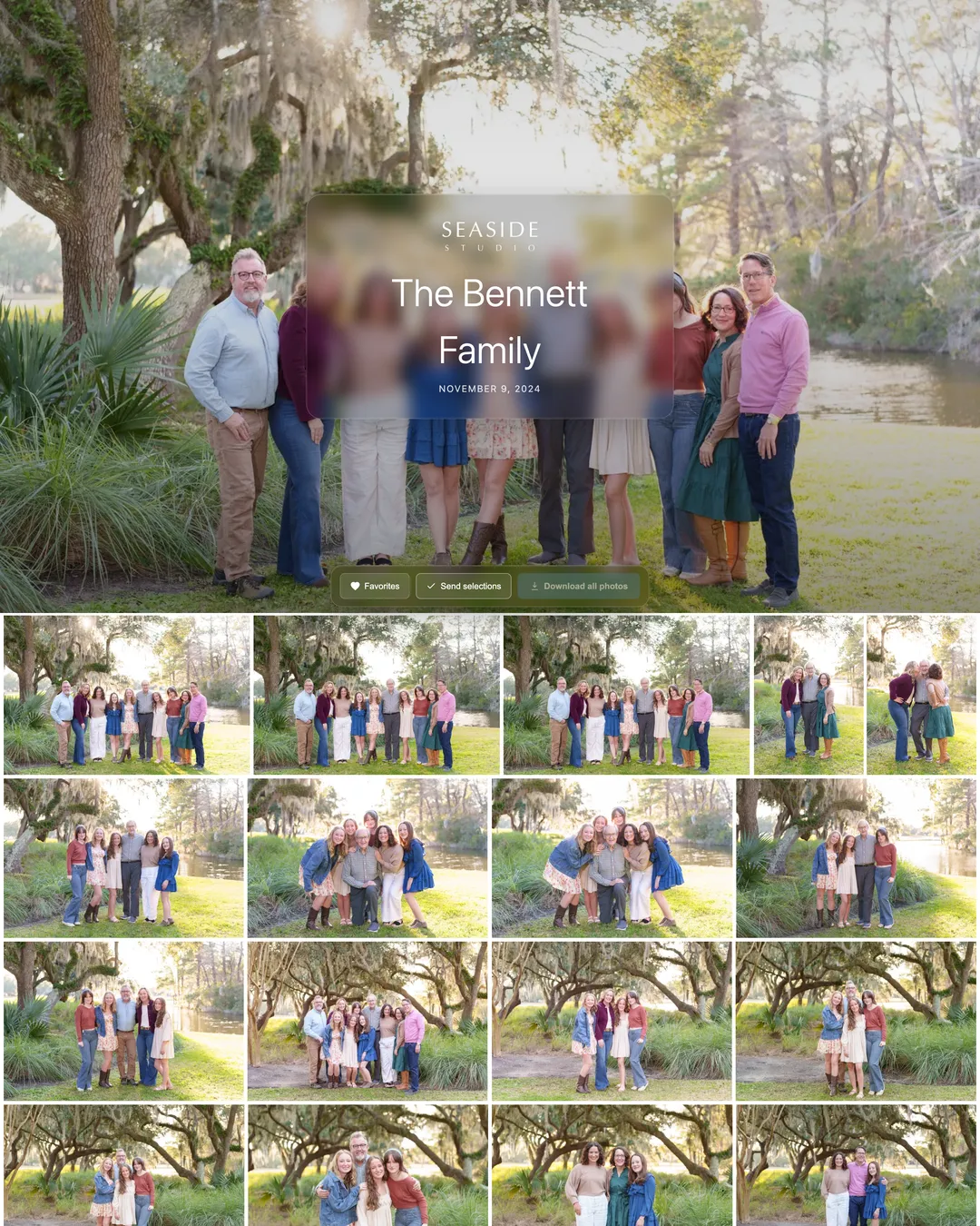 The Bennett Family portrait gallery page, golden-hour Spanish-moss oaks