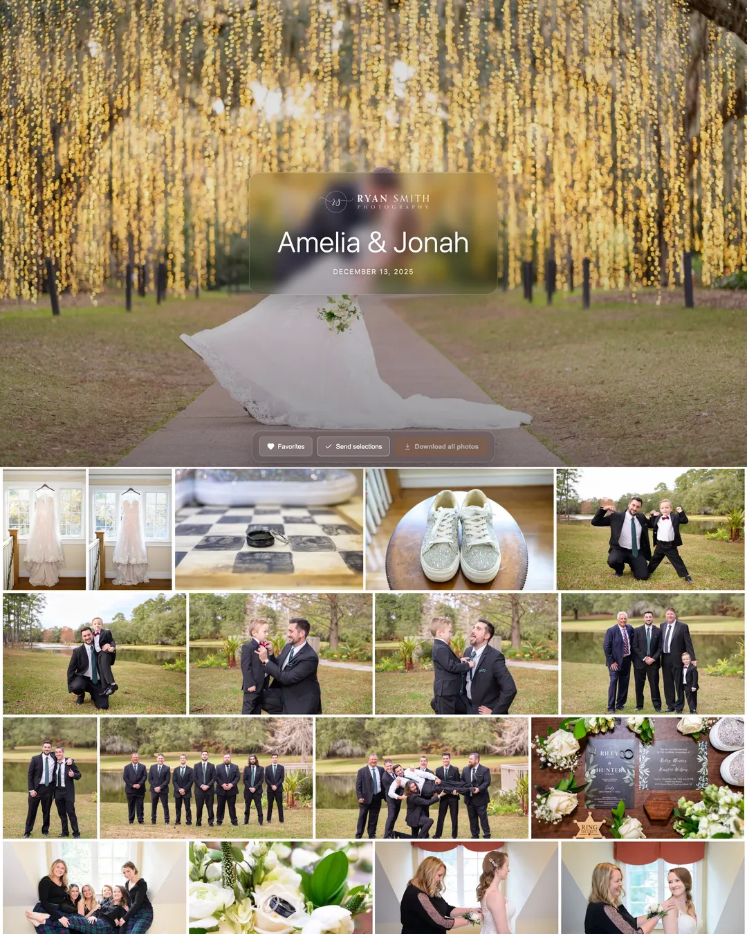 Amelia & Jonah wedding gallery page: golden string-light cover photo with the ShootCal Galleries frosted-glass title card
