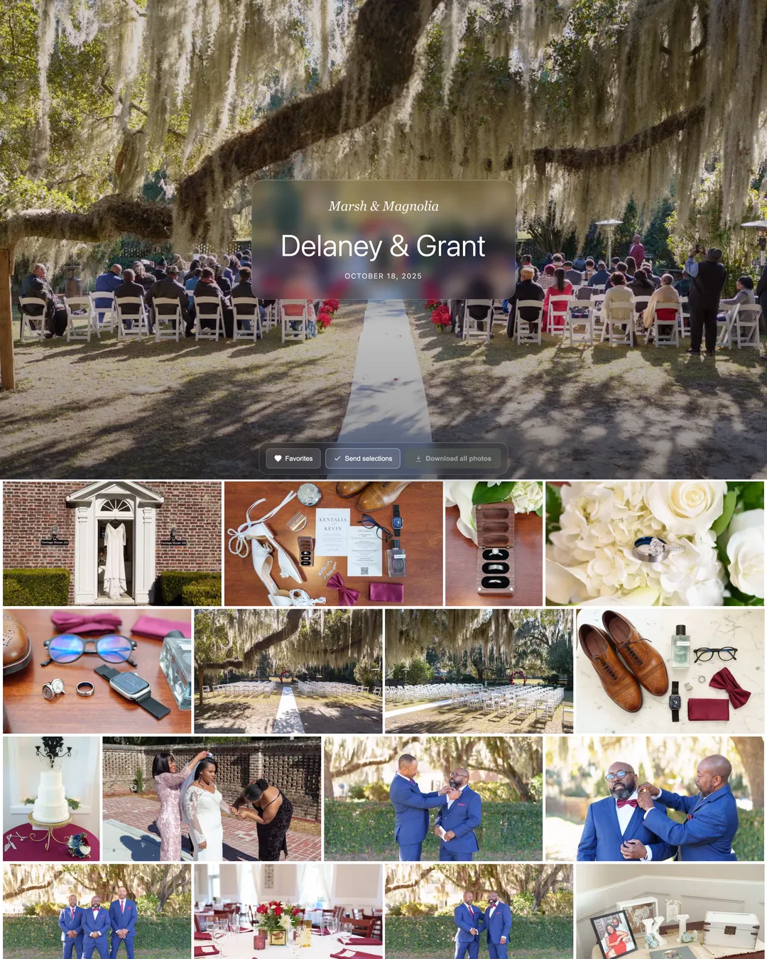 Delaney & Grant wedding gallery page: ceremony beneath Spanish-moss oaks
