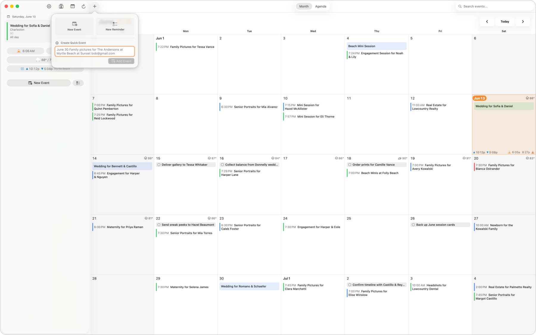 ShootCal natural-language quick add turning a typed sentence into a scheduled session
