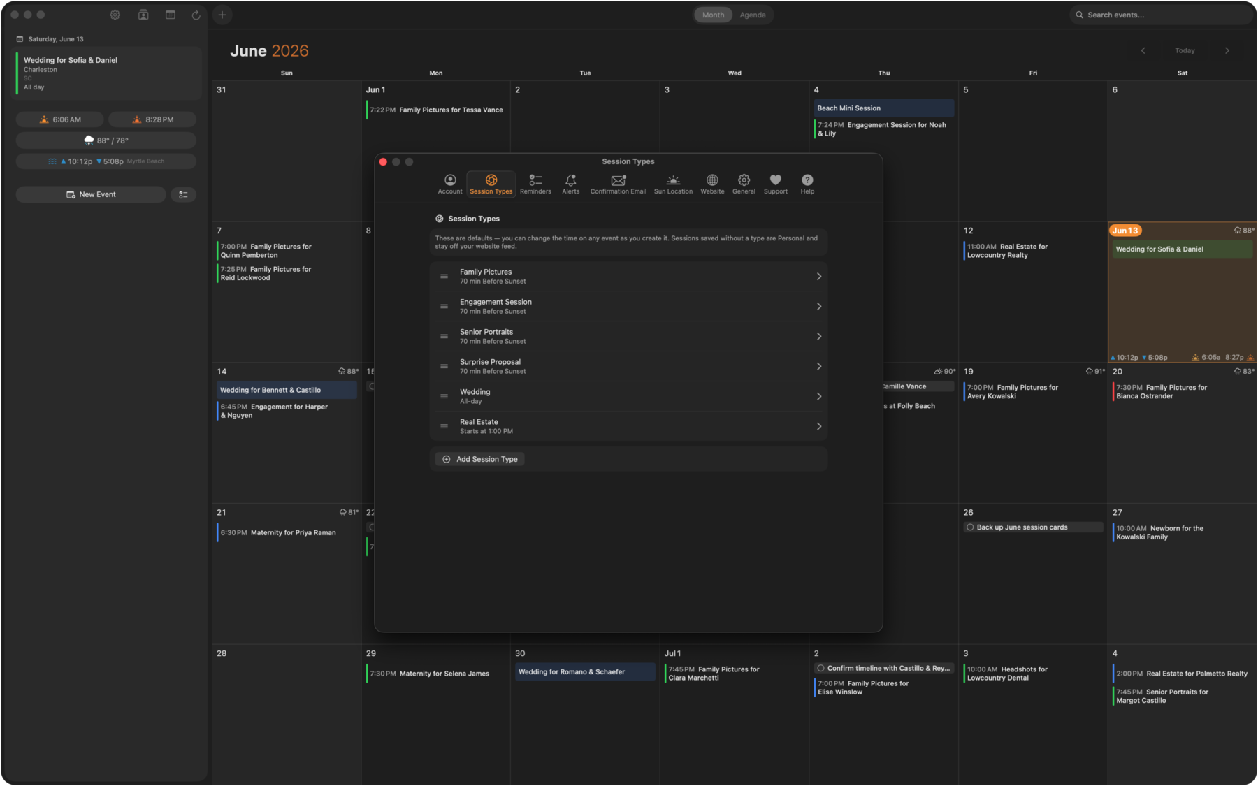 ShootCal session-types settings in dark mode, each with length, pricing, and scheduling rule